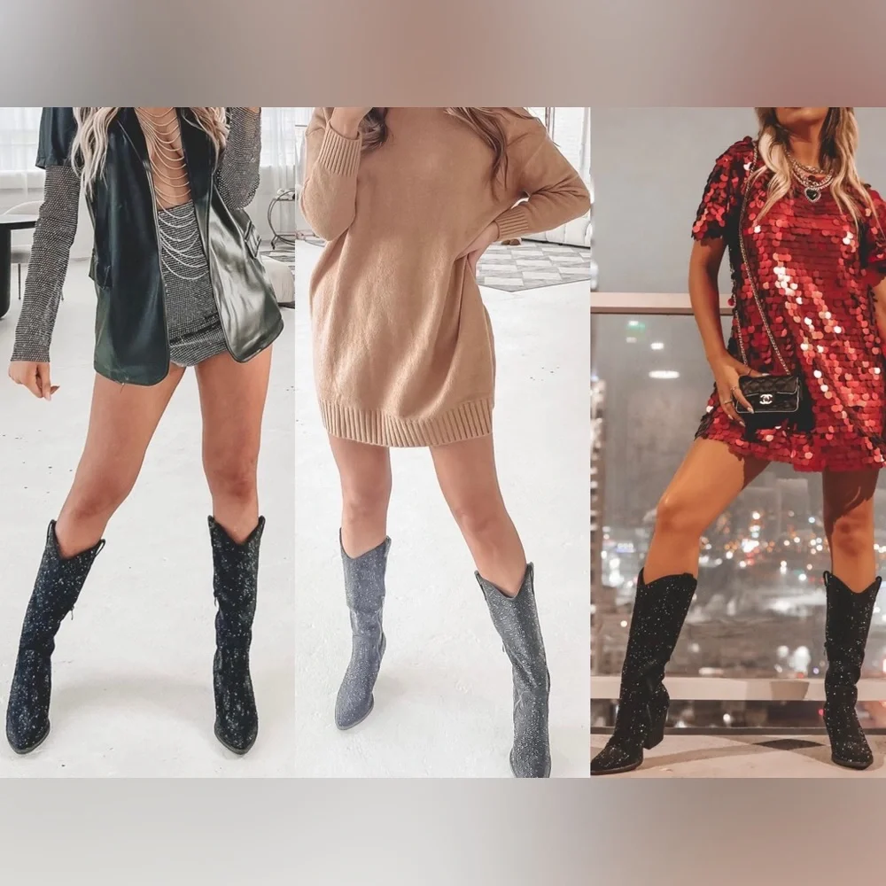 NEW Silver Knee High Western Style Bedazzled Cowboy Boots - Picture 10 of 15